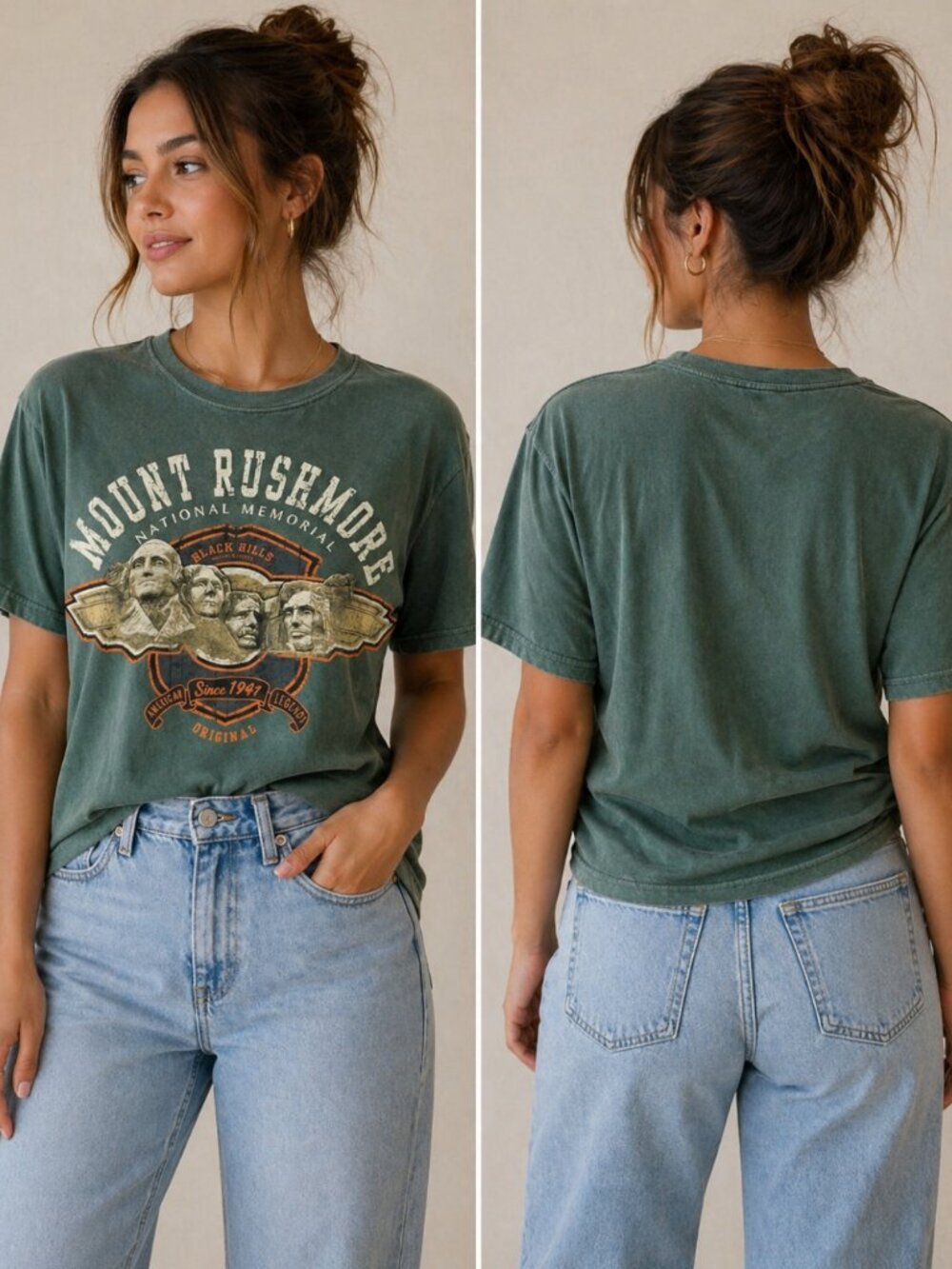 Mount Rushmore Vintage Graphic Tee Green National Park Small USA Retro Tourist
